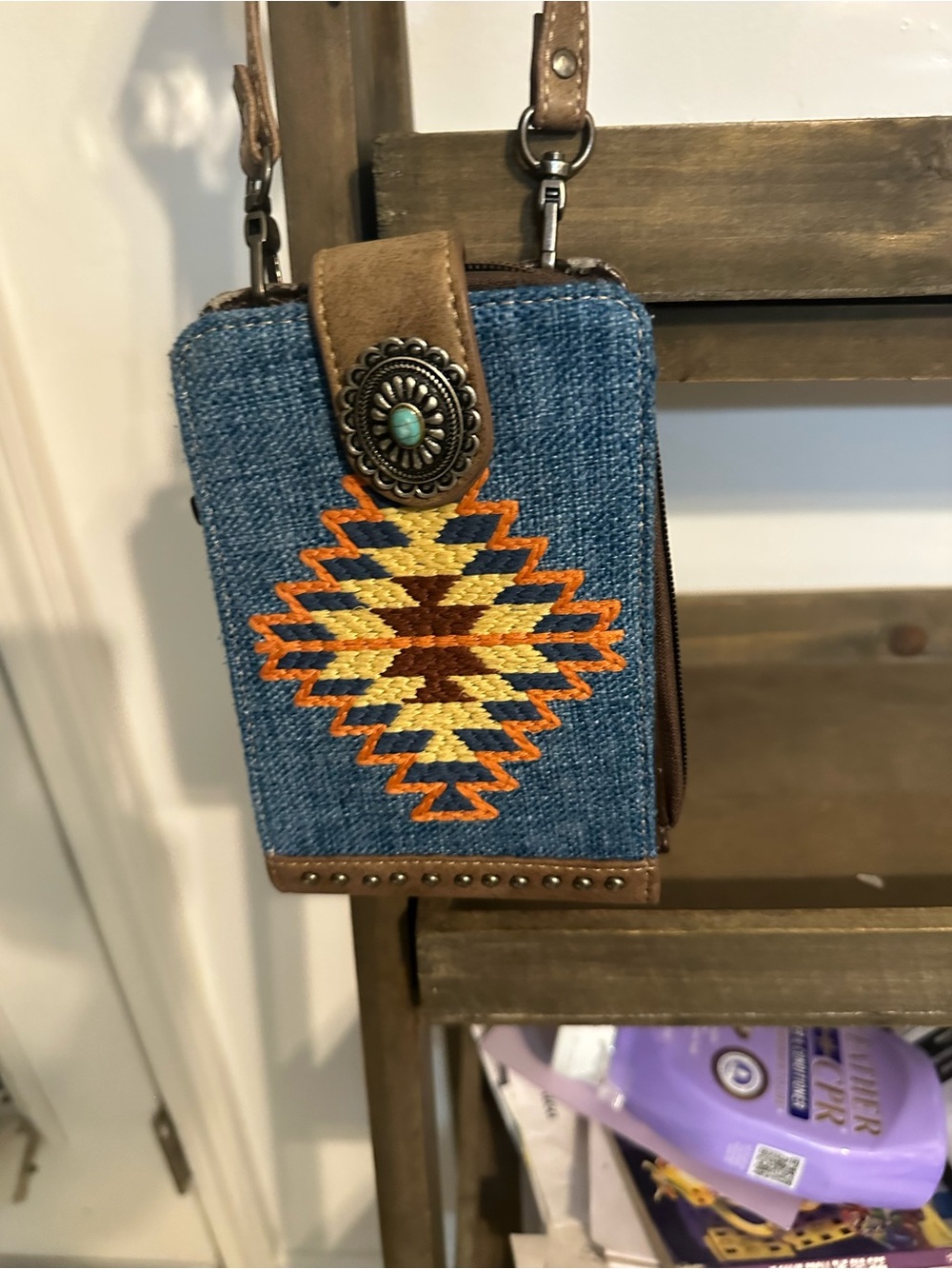 Montana West Blue Denim Crossbody Wallet with Southwestern Embroidery